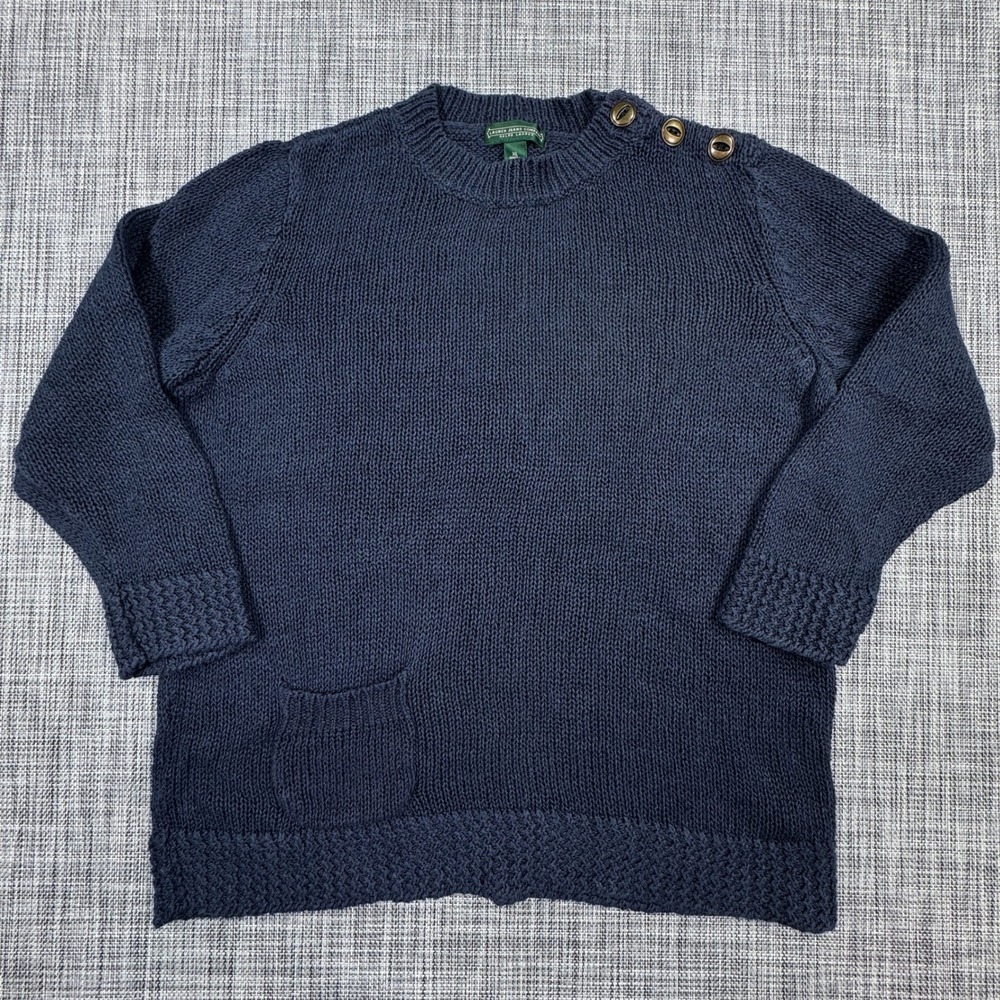 Ralph Lauren Jeans Co Sweater Womens XL Navy Linen Cotton Button Shoulder Pocket